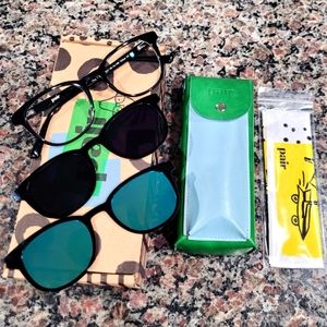 Pair Eyewear Brand Bluelight Filtering Glasses and Two Sunglasses Toppers